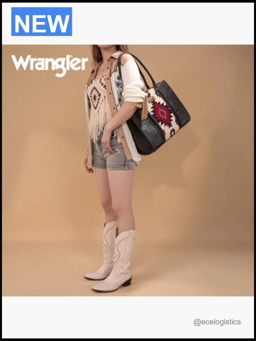 Western Tote Bag with Aztec Tapestry Genuine Leather Whipstitching
